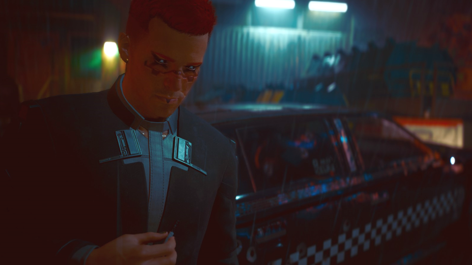 V stands outside a cab in the rain, cig in hand, in Cyberpunk 2077.