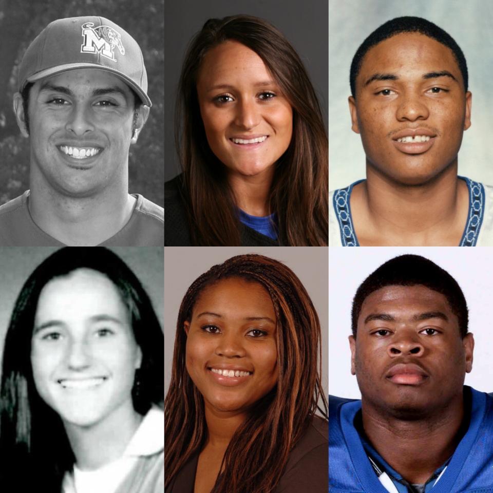 The 2022 Memphis M Club Hall of Fame class includes (clockwise, from top left) baseball’s Drew Martinez, softball’s Lelani Bernardino, men’s basketball’s Omar Sneed, football’s Wade Smith, women’s track and field’s Susan King, and women’s soccer’s Shelley Heinz.