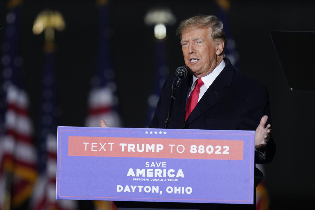 Former President Donald Trump speaks at a campaign rally in support of the campaign of Ohio Senate candidate JD Vance at Wright Bros. Aero Inc. at Dayton International Airport on Monday, Nov. 7, 2022, in Vandalia. (AP Photo/Michael Conroy)