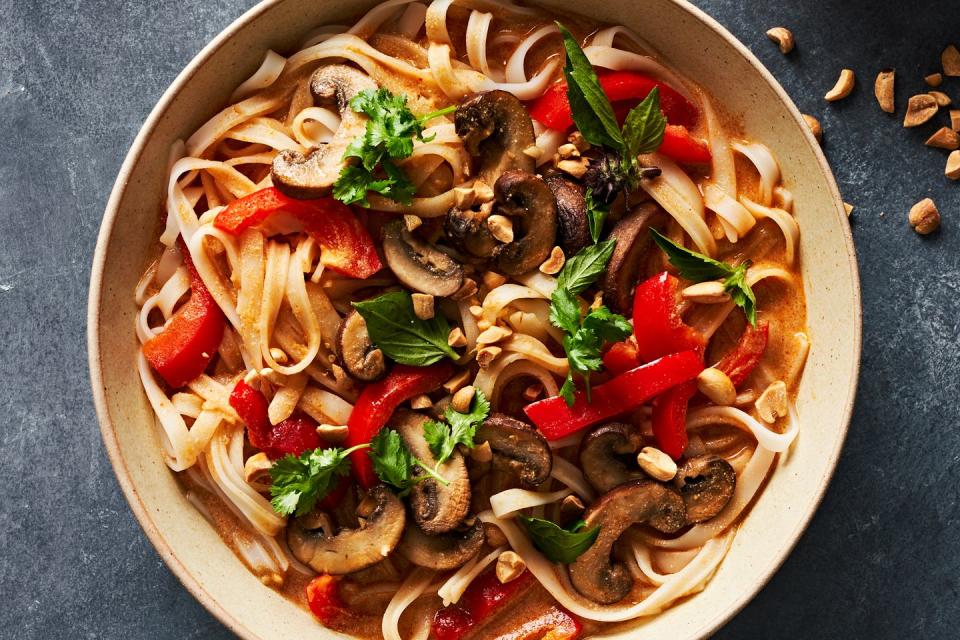 <p>Here, we’re using red Thai curry paste—one of our favorite pantry staples—to create a fast, flavorful peanut noodle soup in no time flat. With a creamy coconut peanut broth, crisp vegetables, and a shower of fresh herbs, this <a href="https://www.delish.com/cooking/recipe-ideas/g38416806/easy-thai-recipes/" rel="nofollow noopener" target="_blank" data-ylk="slk:Thai;elm:context_link;itc:0;sec:content-canvas" class="link ">Thai</a>-inspired noodle soup will become one of your new favorite <a href="https://www.delish.com/cooking/recipe-ideas/g3338/best-weeknight-dinners/" rel="nofollow noopener" target="_blank" data-ylk="slk:weeknight dinners;elm:context_link;itc:0;sec:content-canvas" class="link ">weeknight dinners</a>.</p><p>Get the <strong><a href="https://www.delish.com/cooking/recipe-ideas/a40359715/thai-peanut-noodle-soup-recipe/" rel="nofollow noopener" target="_blank" data-ylk="slk:Thai Peanut Noodle Soup recipe;elm:context_link;itc:0;sec:content-canvas" class="link ">Thai Peanut Noodle Soup recipe</a></strong>.</p>