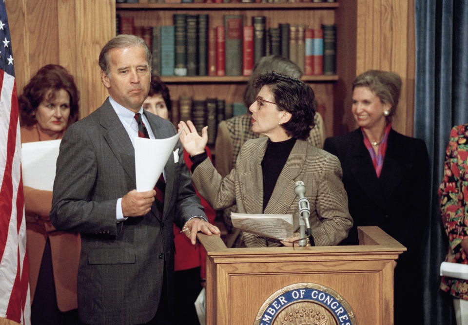 Sen. Barbara Boxer (D-Calif.), second from right, gestures toward Sen. Biden during a news conference on Capitol Hill to discuss the Violence Against Women Act, Feb. 24, 1993. (Photo: ASSOCIATED PRESS)