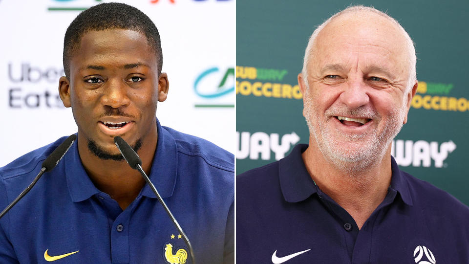 Pictured left to right, France's Ibrahima Konate and Socceroos coach Graham Arnold.