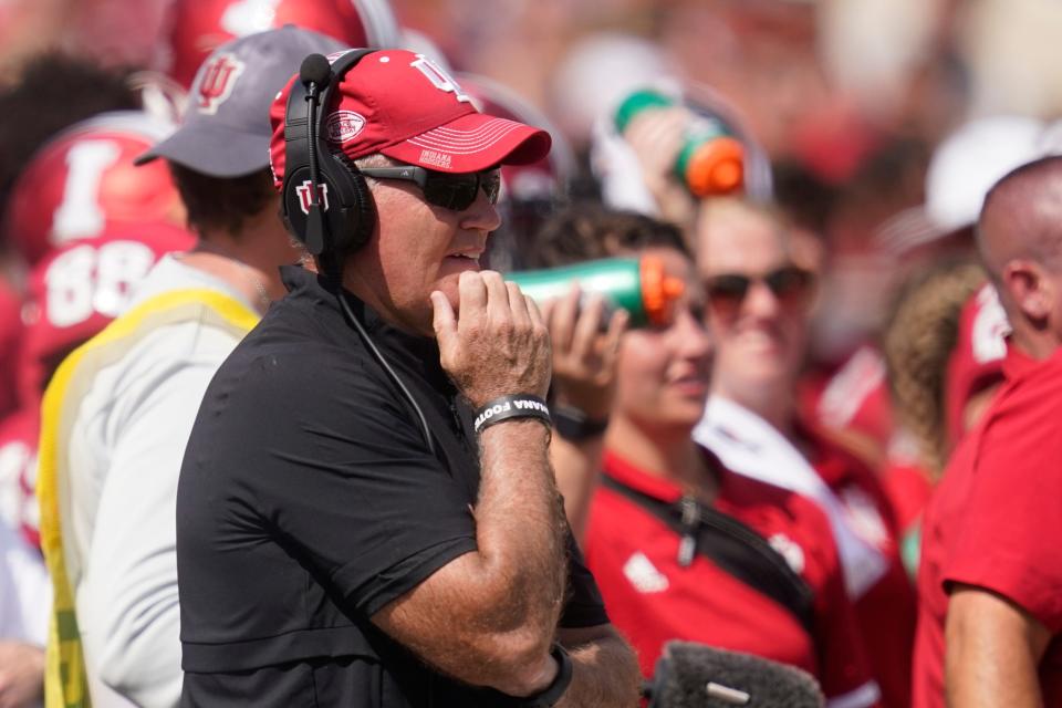 Indiana head coach Tom Allen watches during the second half of an NCAA college football game against Cincinnati, Saturday, Sept. 18, 2021, in Bloomington, Ind. Cincinnati won 38-24. (AP Photo/Darron Cummings)