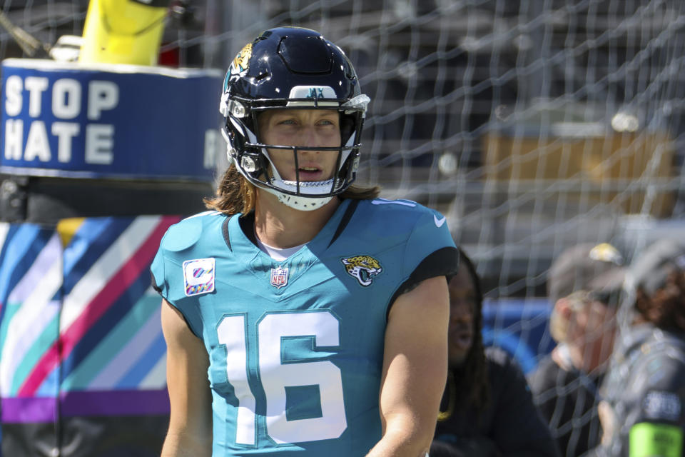 Jacksonville Jaguars quarterback Trevor Lawrence is officially listed as questionable for Thursday night. (AP Photo/Alex Menendez)