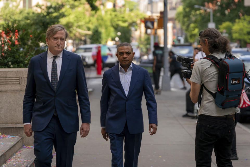 Jose Uribe, center, leaves Manhattan federal court, Friday, June 7, 2024, in New York. (AP Photo/Adam Gray)