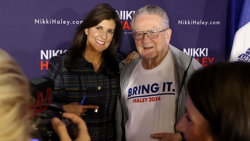 Republican presidential candidate Nikki Haley interacts with voters after a campaign event in Newton, Iowa, on Friday, Nov. 17, 2023.