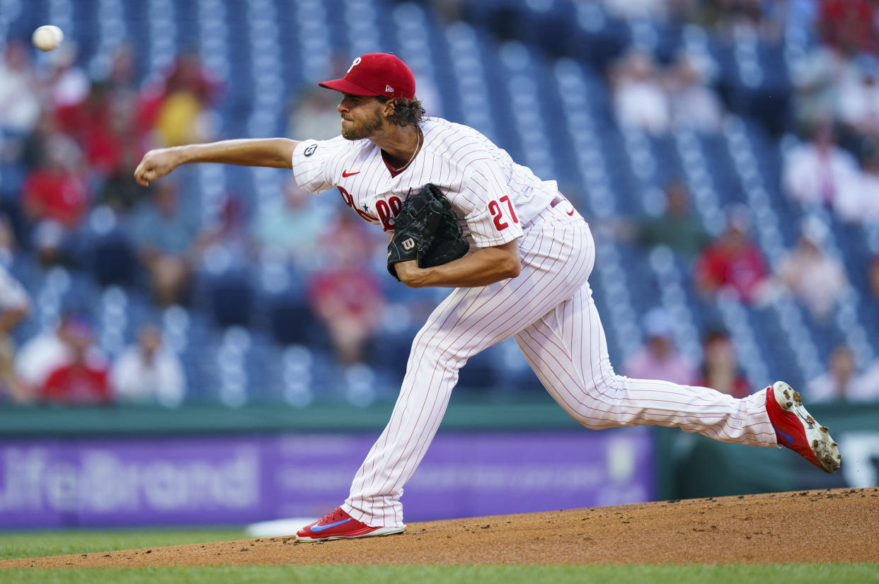 Philadelphia Phillies starting pitcher Aaron Nola in action during a baseball game against the Miami Marlins, Wednesday, June 30, 2021, in Philadelphia. (AP Photo/Chris Szagola)