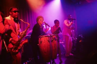 Janelle Monáe takes the stage to perform “Tightrope” with Bruno and The Hooligans during the debut of The Pinky Ring at Bellagio Resort & Casino.