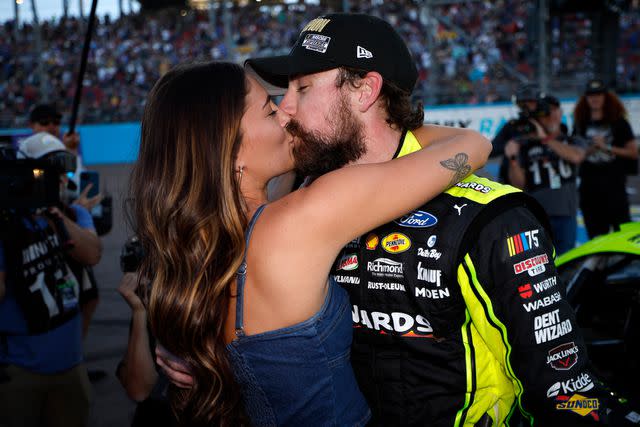 <p>Chris Graythen/Getty</p> Ryan Blaney and fiancée Gianna Tulio