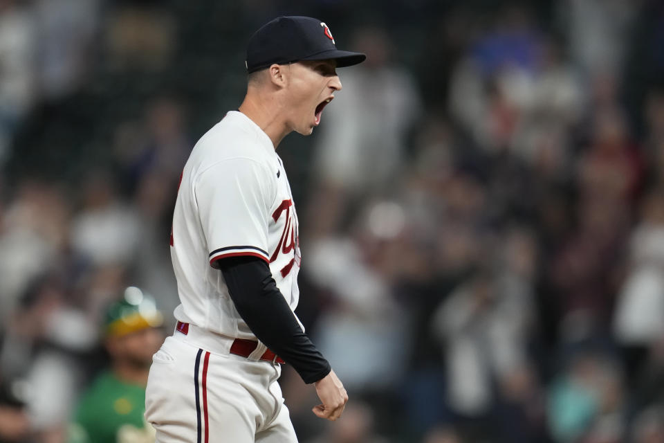 Minnesota Twins relief pitcher Griffin Jax celebrates after forcing the final out of a baseball game against the Oakland Athletics, Wednesday, Sept. 27, 2023, in Minneapolis. (AP Photo/Abbie Parr)