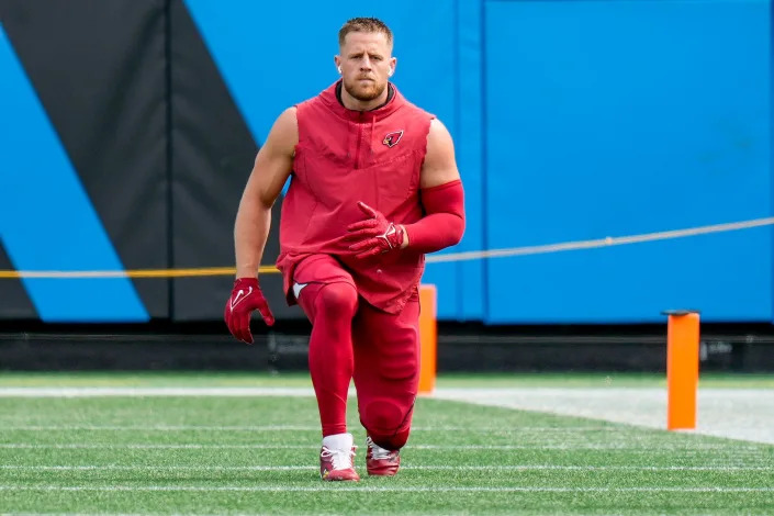 Oct 2, 2022; Charlotte, North Carolina, USA; Arizona Cardinals defensive end J.J. Watt (99) during pregame activity against the Carolina Panthers at Bank of America Stadium.