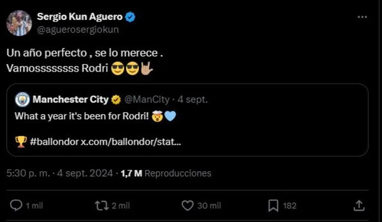 Sergio Agüero contó que quiere que Rodri gane el Balón de Oro (Captura/X: @aguerosergiokun)