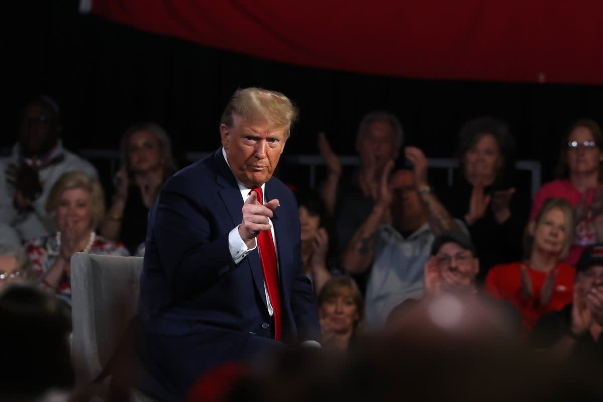 Republican presidential candidate, former U.S. President Donald Trump speaks during a Fox News town hall at the Greenville Convention Center on February 20, 2024 in Greenville, South Carolina (Getty Images)