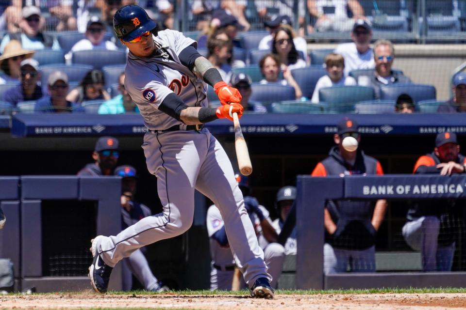 Tigers' Javier Baez hits an RBI double in the fourth inning against the Yankees, Sunday, June 5, 2022, in New York.