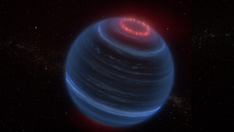 A blue and black ringed sphere with a red ring at the pole