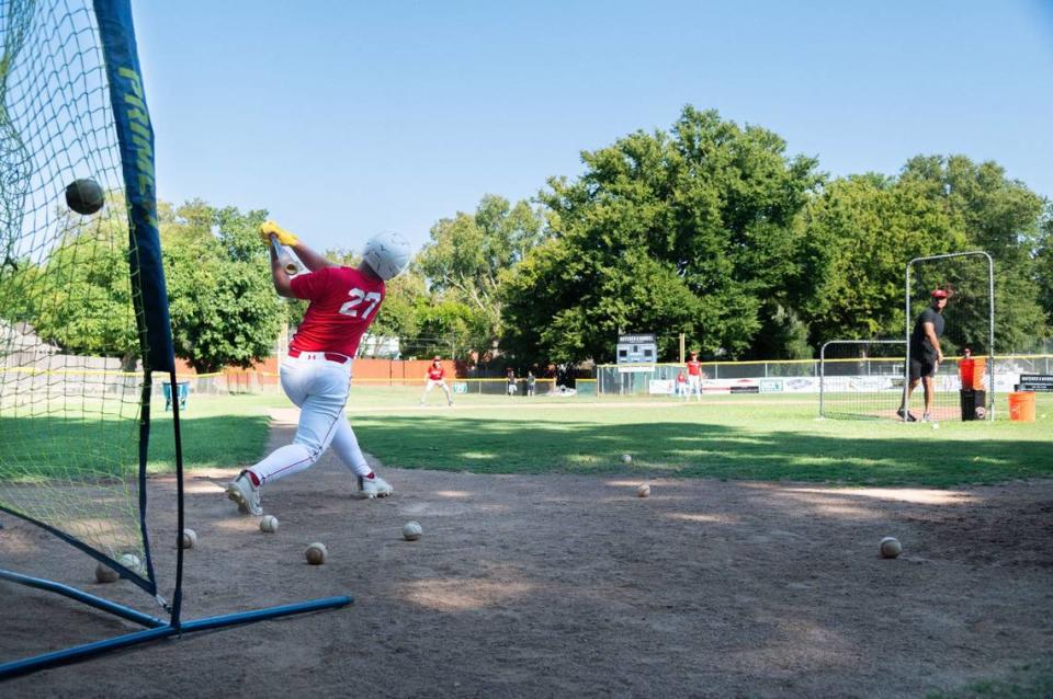 Patrick Casella swings and misses during a hitting drill on Monday, July 29, 2024, at Dooley Field in Sacramento. “I like to be on this team to have fun with my friends,” Casella said.