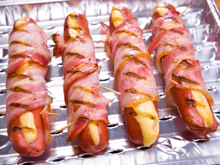 bacon wrapped cheese hot dogs