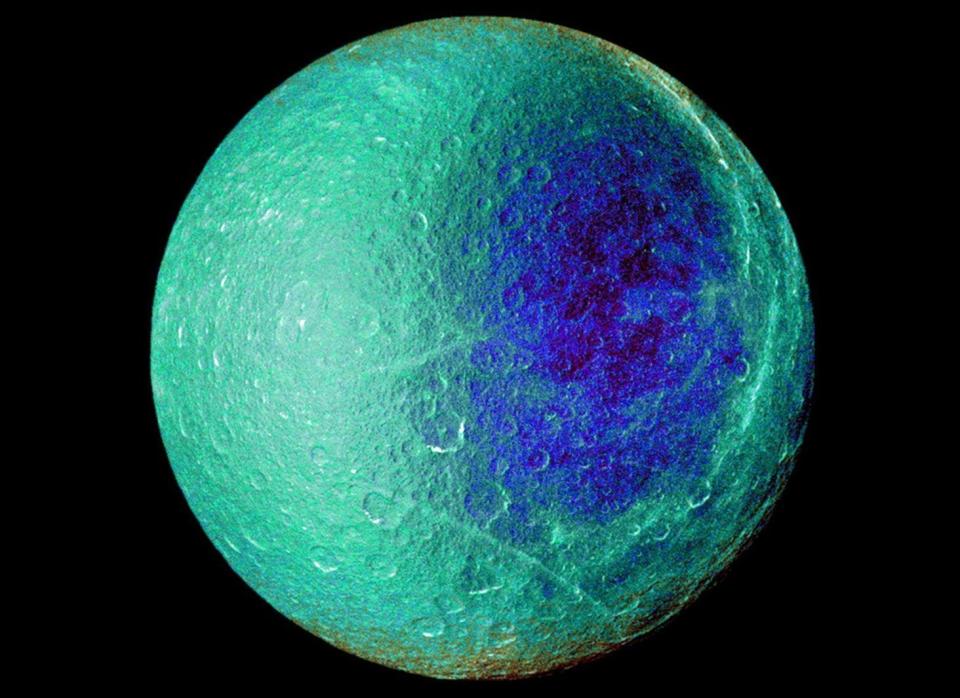 Pictured here is a false color image from NASA of <a href="http://www.mnn.com/eco-glossary/saturn" target="_hplink">Saturn</a>'s moon, Rhea.