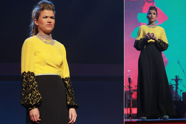 Was soll das denn sein? Color-Blocking à la Anke Engelke? Dieses Schwarz-Gelbe Kleid mit Spitzen-Ärmeln sollte sie gaaanz schnell in die hinterste Ecke ihres Kleiderschrankes verbannen. (Bilder: Getty Images)