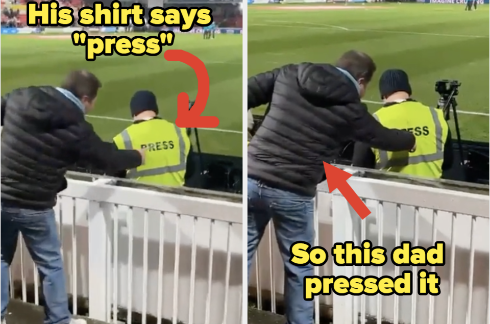 A man pushes the word "press" written on another man's shirt