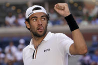 Matteo Berrettini, of Italy, reacts during a match against Andy Murray, of Great Britain, during the third round of the U.S. Open tennis championships, Friday, Sept. 2, 2022, in New York. (AP Photo/Seth Wenig)