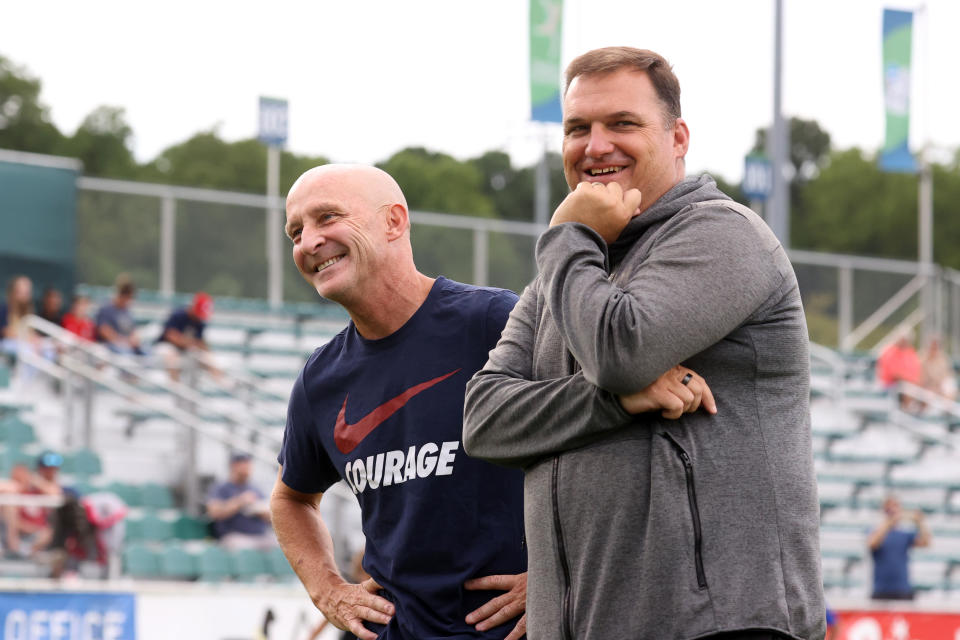 CARY, NORTH CAROLINA - AUGUST 15: Head coach Paul Riley of the North Carolina Courage and head coach Rory Dames of the Chicago Red Stars before a game between Chicago Red Stars and North Carolina Courage at Sahlen's Stadium at WakeMed Soccer Park on August 15, 2021 in Cary, North Carolina. (Photo by Andy Mead/ISI Photos/Getty Images)