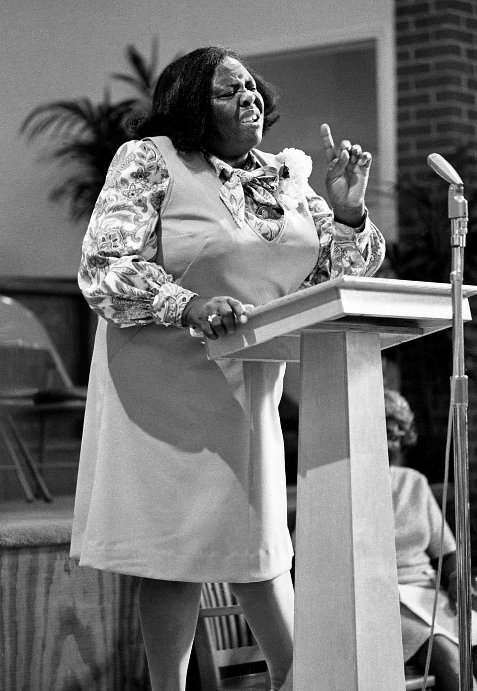 The only answer for black people are the Bible and the ballot, Mrs. Fannie Lou Hamer, a Baptist laywoman and nationally know civil rights leader from Sunflower County, Mississippi, tells a rapt audience during service at the Pilgrim Emanuel Baptist Church in Nashville Aug. 15, 1971.