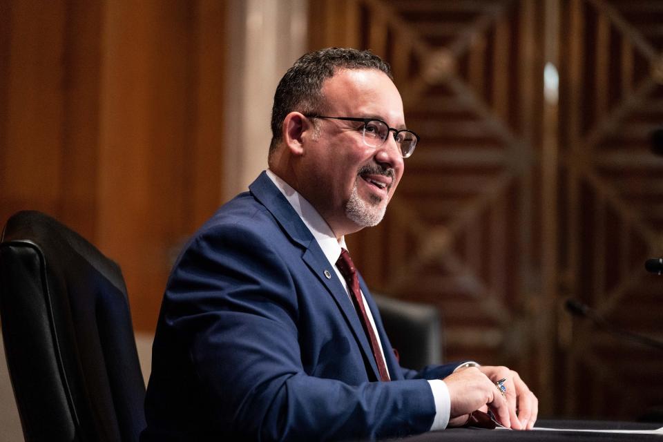 Miguel Cardona is seen here at his Feb. 3 confirmation hearing before the Senate's Health, Education, Labor, and Pensions Committee.  (Photo: Pool/Getty Images)