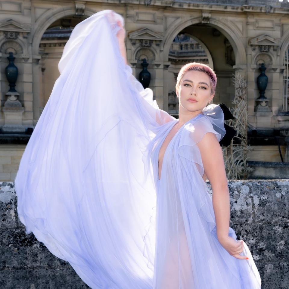 Florence Pugh at the Valentino Fall 2023 Couture Collection Runway Show at the Chateau de Chantilly on July 5, 2023 in Paris, France.