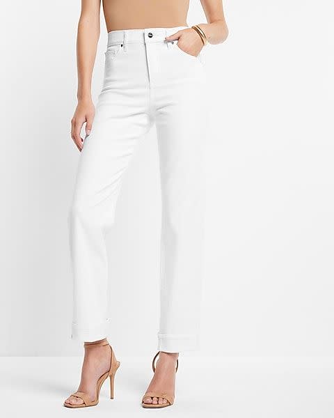 Express High Waisted White Cuffed Hem Straight Ankle Jeans