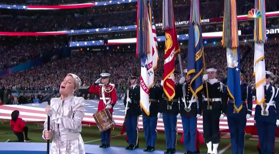 Pink belted out the American national anthem but didnt quite reach the high note. Source: NBC