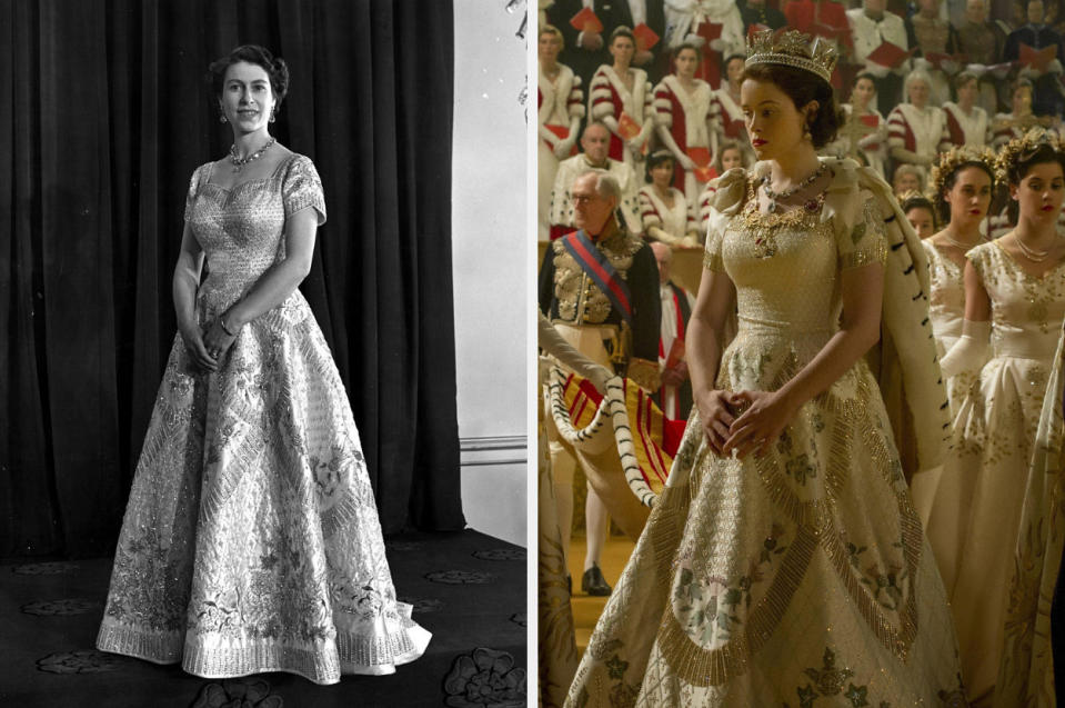 Clapton told Vanity Fair that the production borrowed this gown from Swarovski, who had it made it 2012 in honor of the Queen's Diamond Jubilee. 