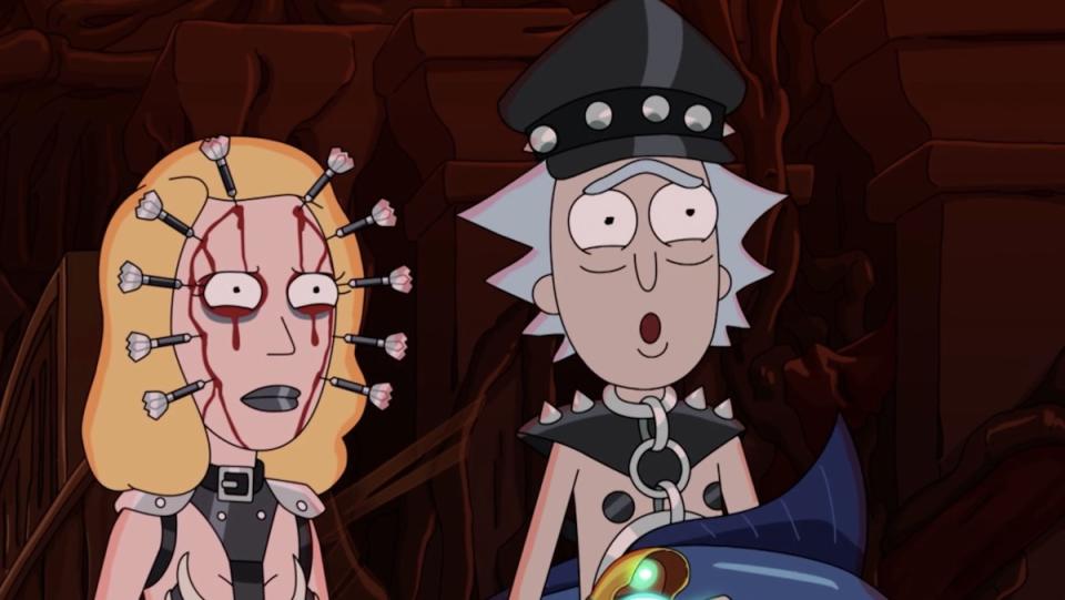 Beth and Rick in leather torture outfits on Rick and Morty