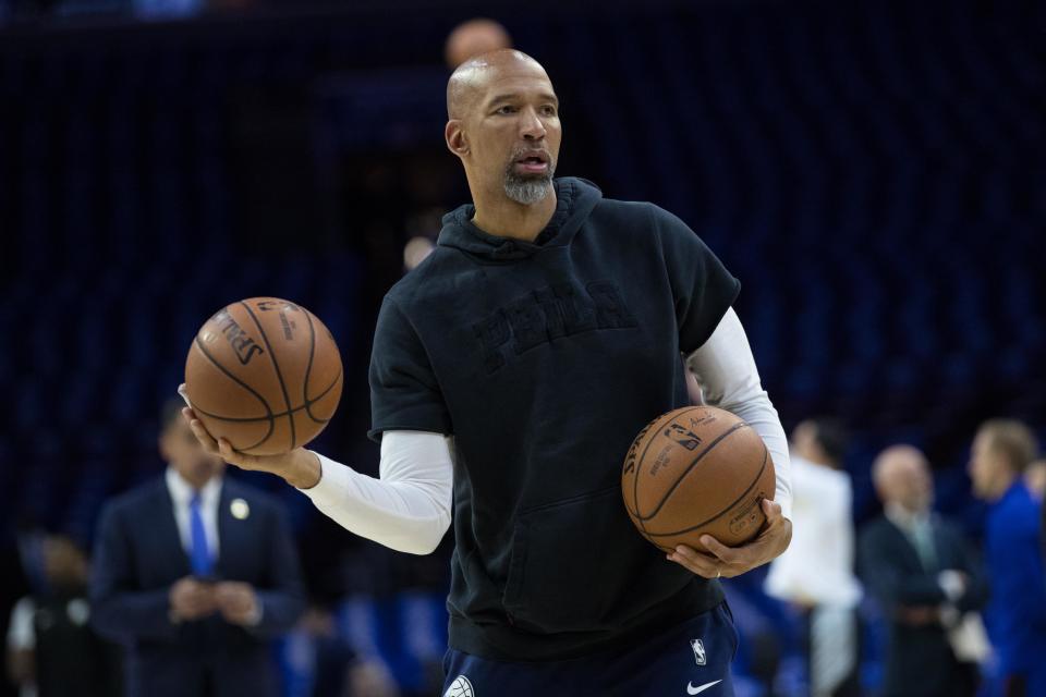 Apr 15, 2019; Philadelphia, PA, USA; Philadelphia 76ers assistant coach Monty Williams before game two of the first round of the 2019 NBA Playoffs against the Brooklyn Nets at Wells Fargo Center.