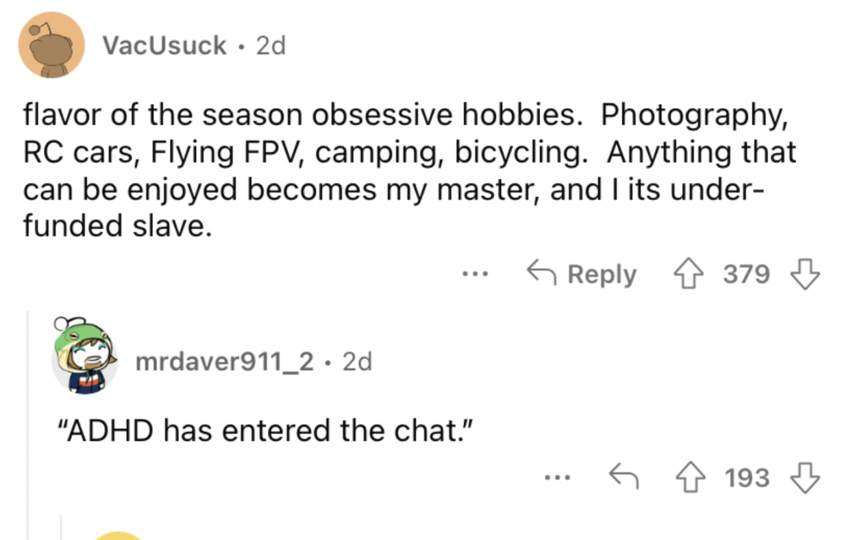 Reddit screenshot from someone talking about having multiple hobbies.