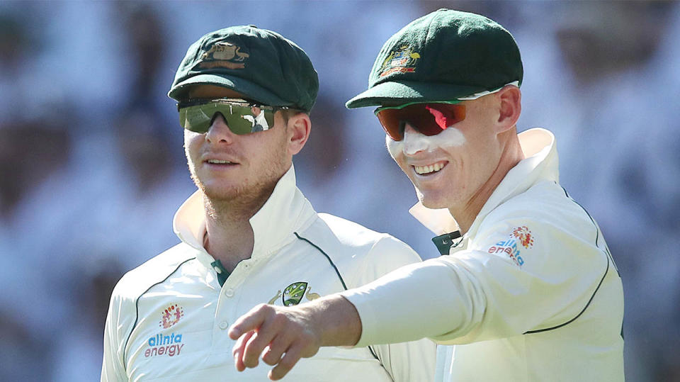 Steve Smith and Marnus Labuschagne of Australia joke during warm up on day three of the 1st Domain Test between Australia and Pakistan at The Gabba on November 23, 2019 in Brisbane, Australia. (Photo by Jono Searle - CA/Cricket Australia via Getty Images)