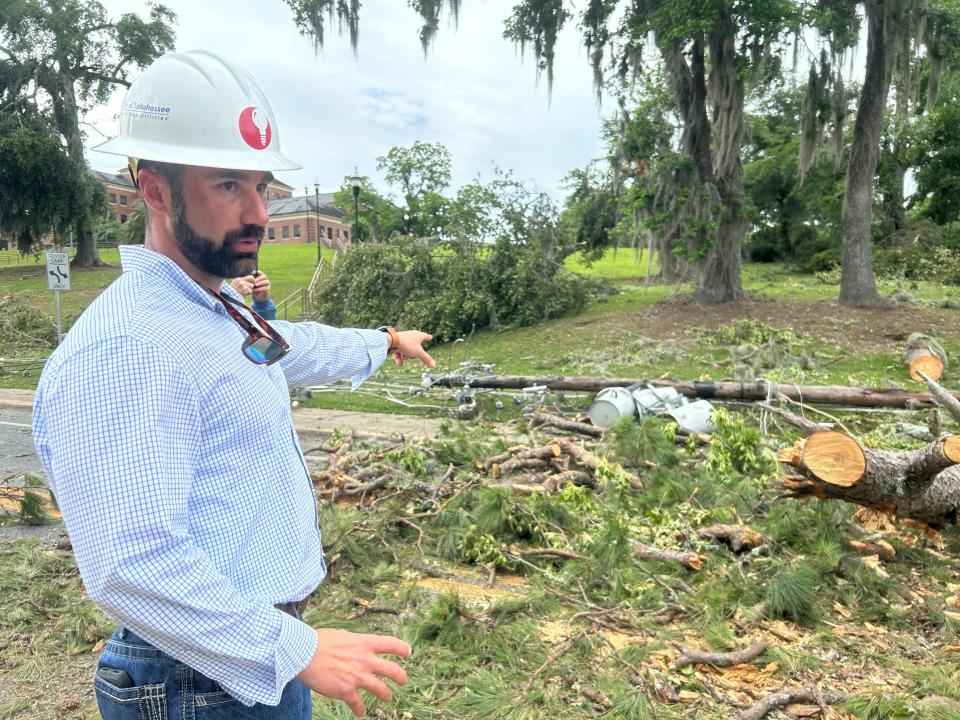 Mike Crow, the City of Tallahassee's assistant general manager for power delivery, pointing out a damaged transformer on the morning of Sunday, May 12, 2024.