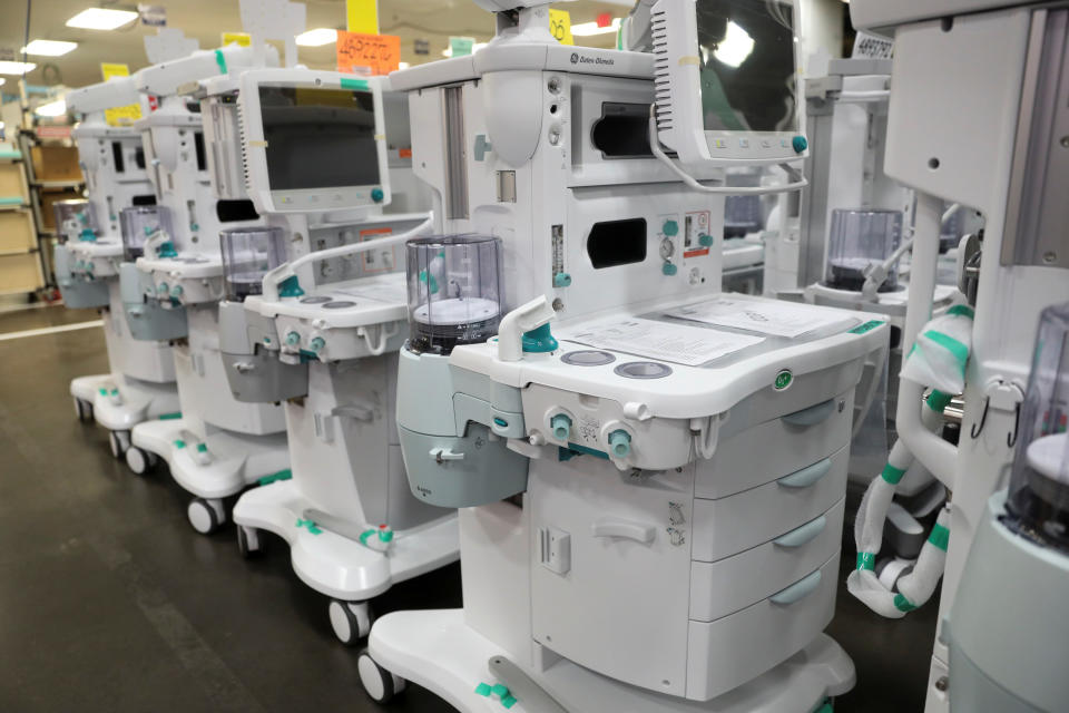 Completed GE digital anesthesia carestation stand as U.S. Vice President Mike Pence, not pictured, visits a GE Healthcare manufacturing facility during the global coronavirus disease (COVID-19) outbreak in Madison, Wisconsin, U.S. April 21, 2020. REUTERS/Daniel Acker