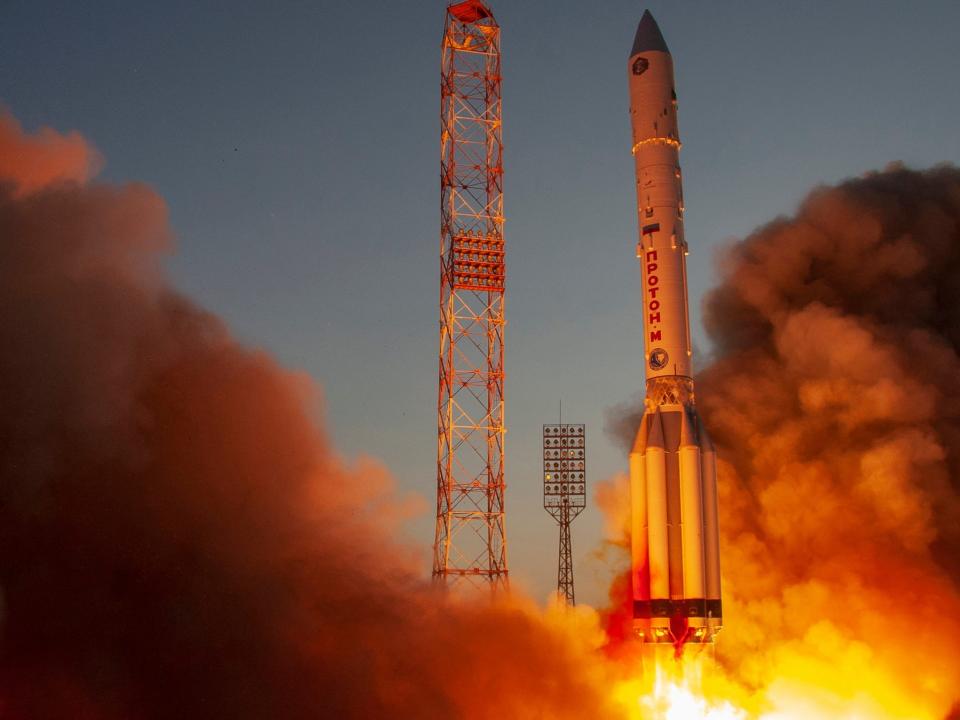 proton m rocket fires engines blasts off from launchpad carrying nauka module