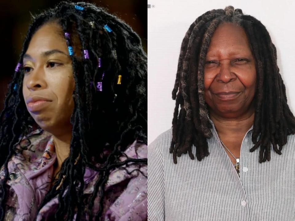 left: amara skye dean, a woman with charms in her hair; right: whoopi goldberg, smilng with her mouth closed