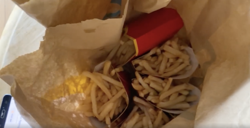 A three-year-old boy ordered almost $50 worth of McDonald's fries off his father's UberEats account. Source:  Facebook/Ashely Keogh