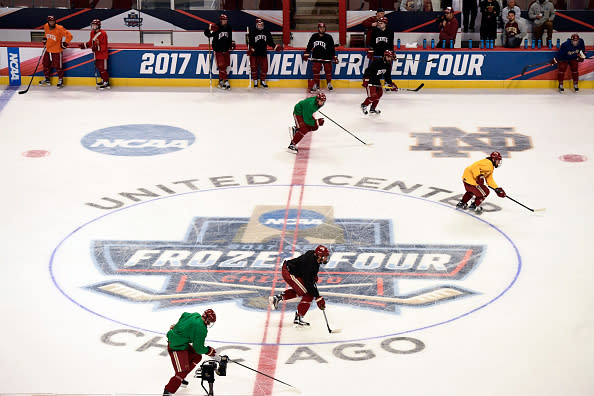 CHICAGO, IL – APRIL 5: Denver Pioneers hit the ice for practice on April 5, 2017 in Chicago, Illinois at the United Center. The DU will take on Norte Dame in the 2017 Frozen Four National semifinal. (Photo by John Leyba/The Denver Post via Getty Images)