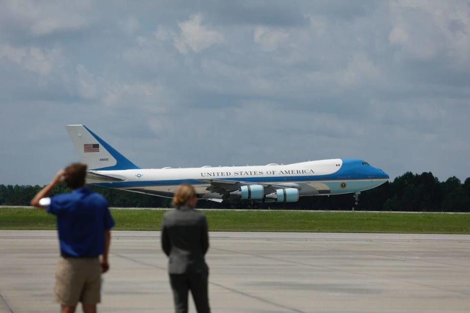 Air Force One touches town at the Columbia Metropolitan Airport Thursday. President Joe Biden will visit a West Columbia manufacturer, Flex LTD, Thursday afternoon.