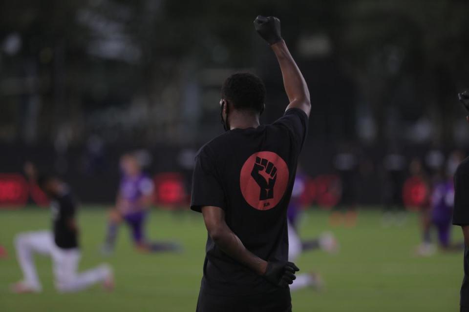 The Black Players for Change assembled on the field July 8, 2020 at the ESPN Wide World of Sports Complex ahead of the first match at the MLS Is Back Tournament.
