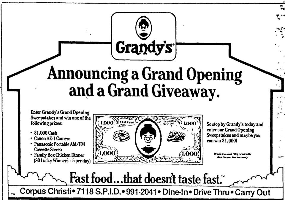 An advertisement from the Aug. 26, 1983, Corpus Christi Times annoucing the grand opening of a second Grandy's location in Corpus Christi on South Padre Island Drive.