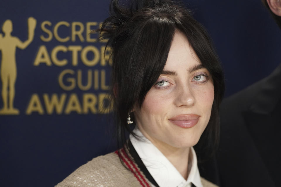 Billie Eilish arrives at the 30th annual Screen Actors Guild Awards on Saturday, Feb. 24, 2024, at the Shrine Auditorium in Los Angeles. (Photo by Jordan Strauss/Invision/AP)