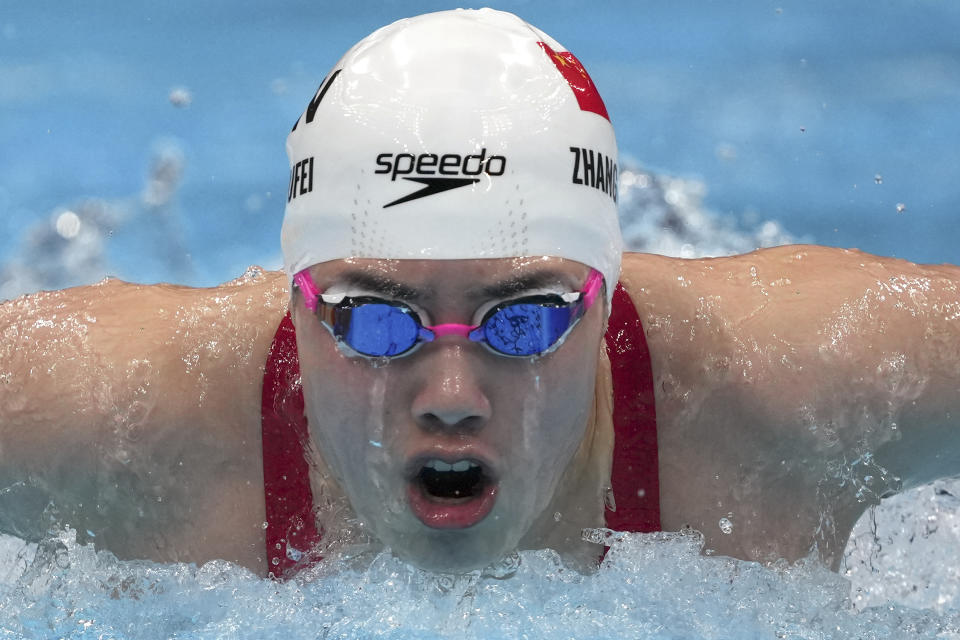 Zhang Yufei of China swims in the women's 200-meter butterfly final at the 2020 Summer Olympics, Thursday, July 29, 2021, in Tokyo, Japan. (AP Photo/Matthias Schrader)