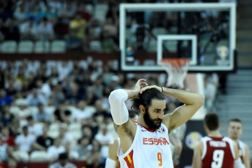 Spain's Ricky Rubio reacts during his team's Basketball World Cup quarter-final win over Poland in Shanghai