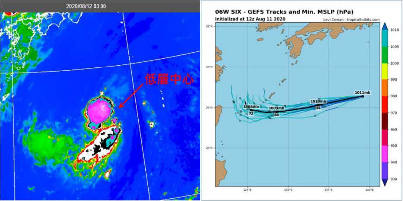 今晨3時紅外線雲圖顯示，在日本南方海面的「熱帶低壓」(TD08)，因垂直風切大，結構仍呈現高低層分離（左）。美國11日20時系集模式(GEFS)模擬的路徑，朝琉球南方（石垣、宮古一帶）海面前進（右）。（圖／氣象局網站、擷自tropical tidbits）