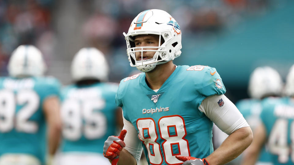 Miami Dolphins tight end Mike Gesicki (88) is having some fun this offseason. (AP Photo/Brynn Anderson)